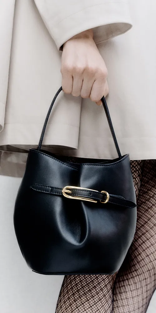Belted Bucket Bag Mini Black Leather