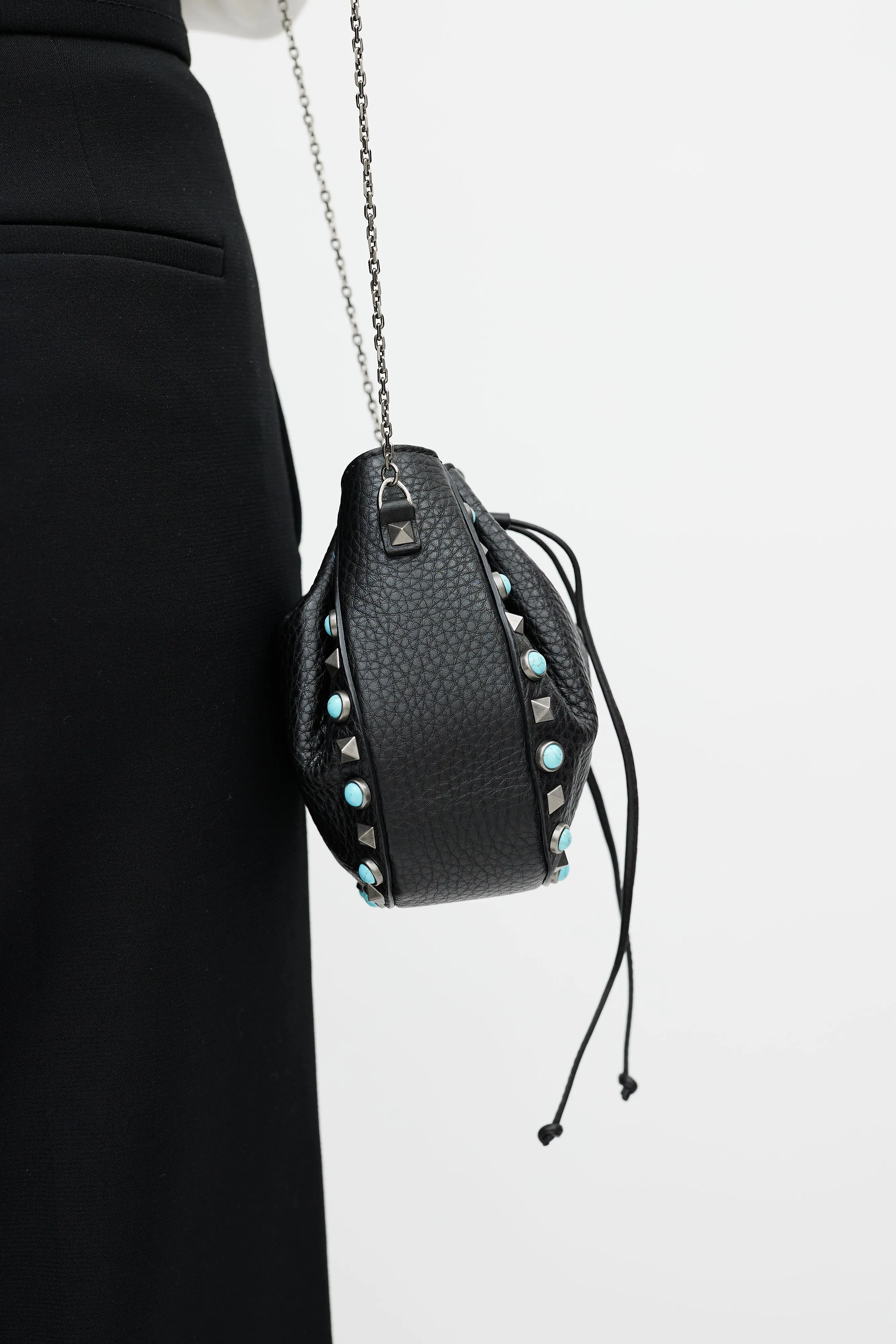 Black Rockstud Rolling Drawstring Crossbody Bag