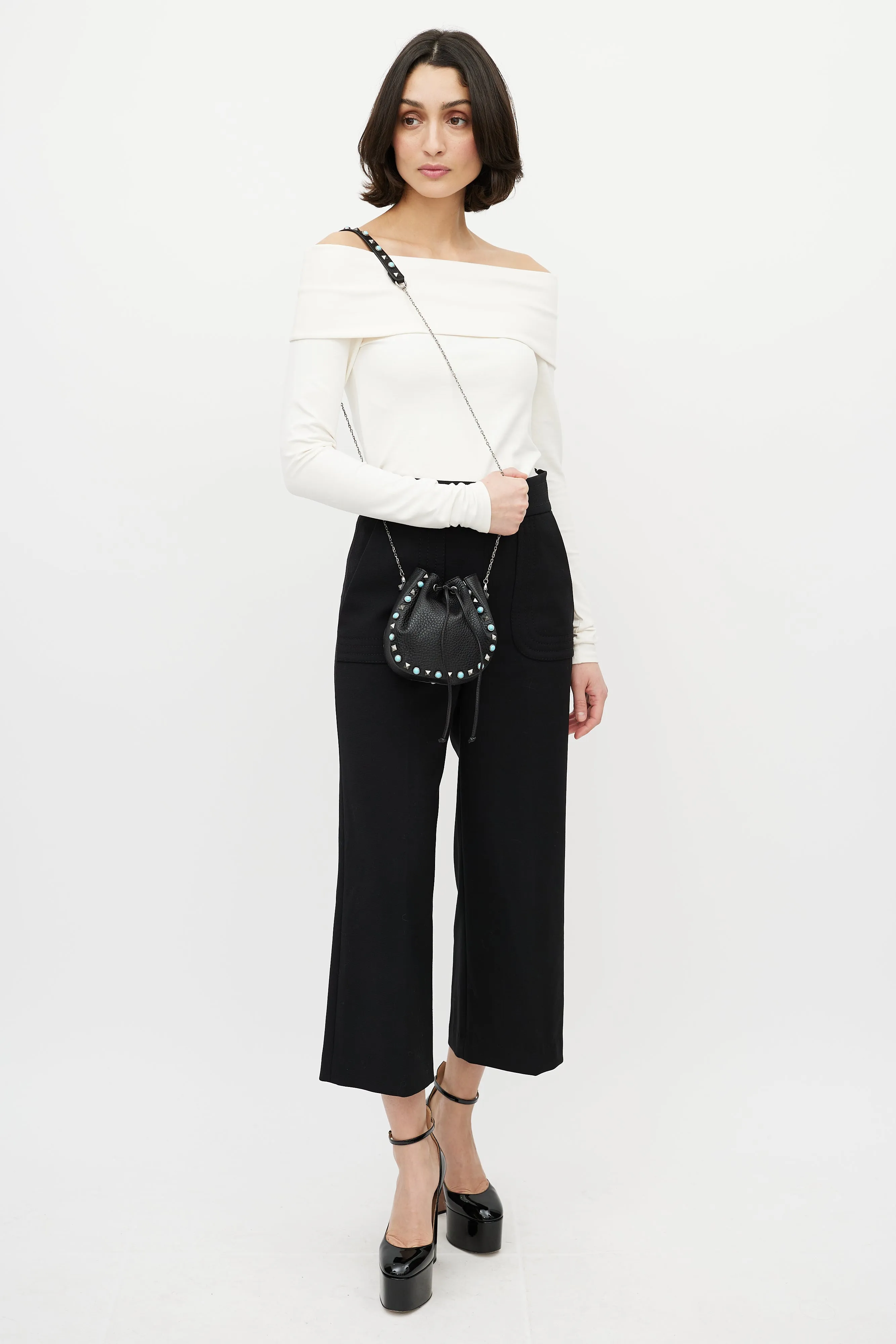 Black Rockstud Rolling Drawstring Crossbody Bag