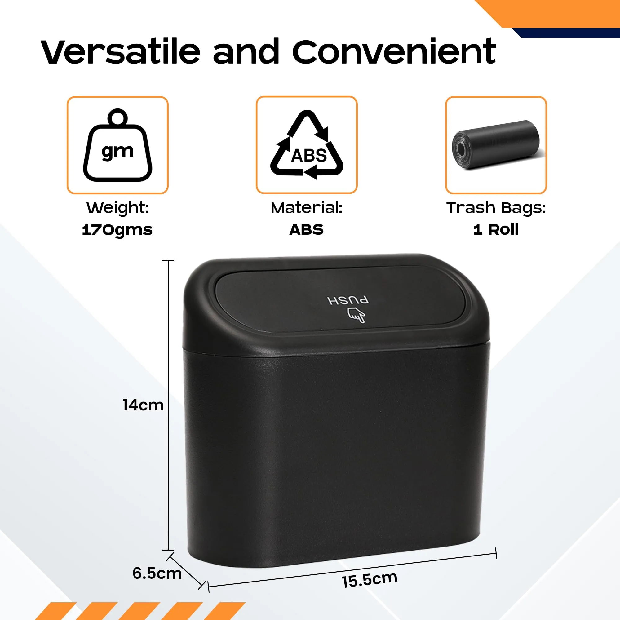 Carbinic Odor-free Leakproof Mini Car Trash Can | Portable Car Garbage Bin with Lid for Home, Office & Car | Dustbin for Car- Includes 1 Roll Trash Bags | ABS Car Trash Bin | Car Accessories Interior