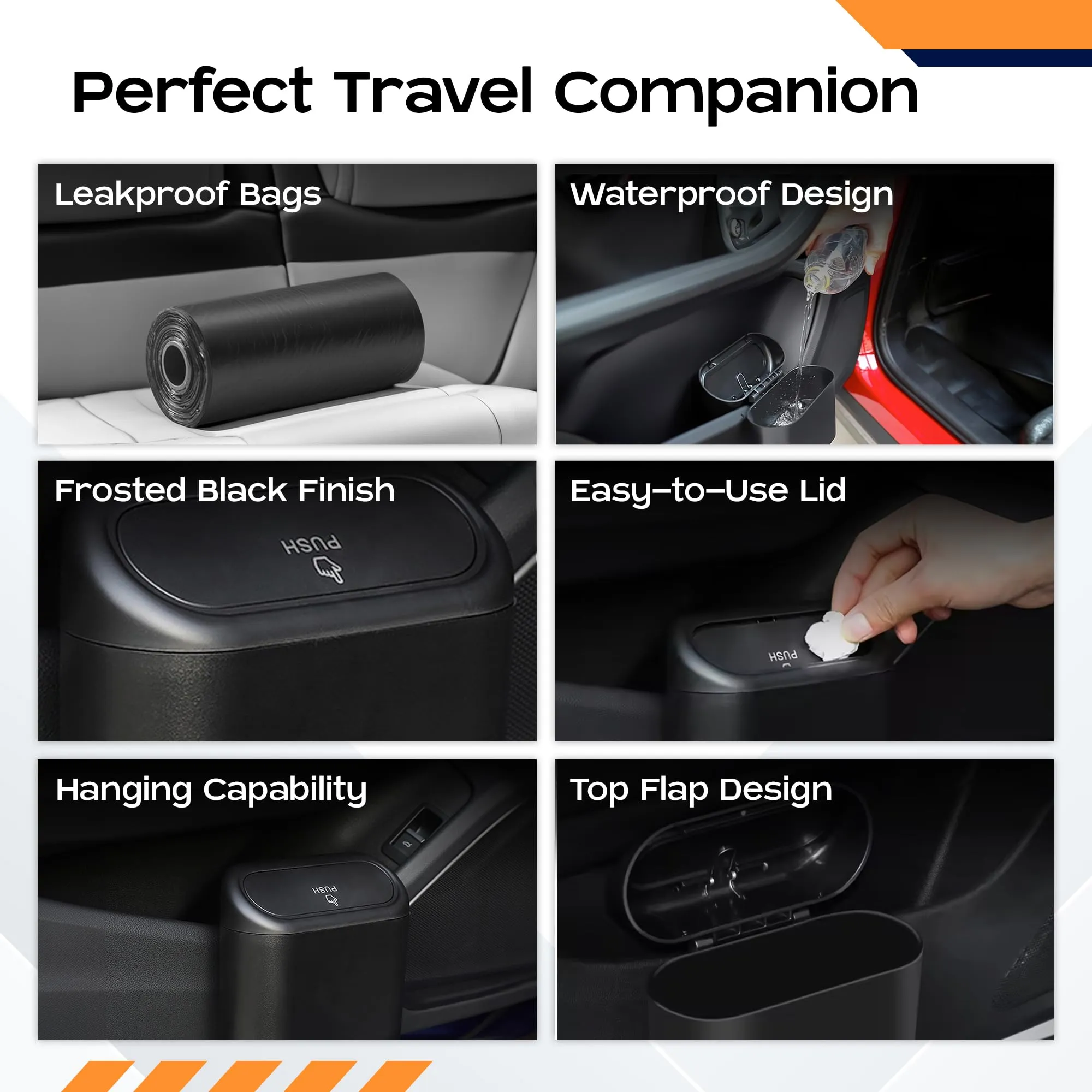 Carbinic Odor-free Leakproof Mini Car Trash Can | Portable Car Garbage Bin with Lid for Home, Office & Car | Dustbin for Car- Includes 1 Roll Trash Bags | ABS Car Trash Bin | Car Accessories Interior