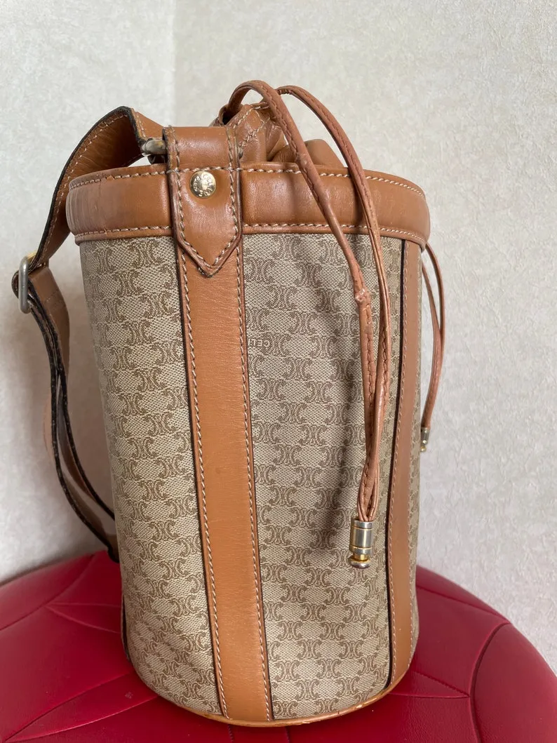 Celine Vintage round box shape hobo bucket shoulder purse in classic brown macadam blaison pattern with leather strap