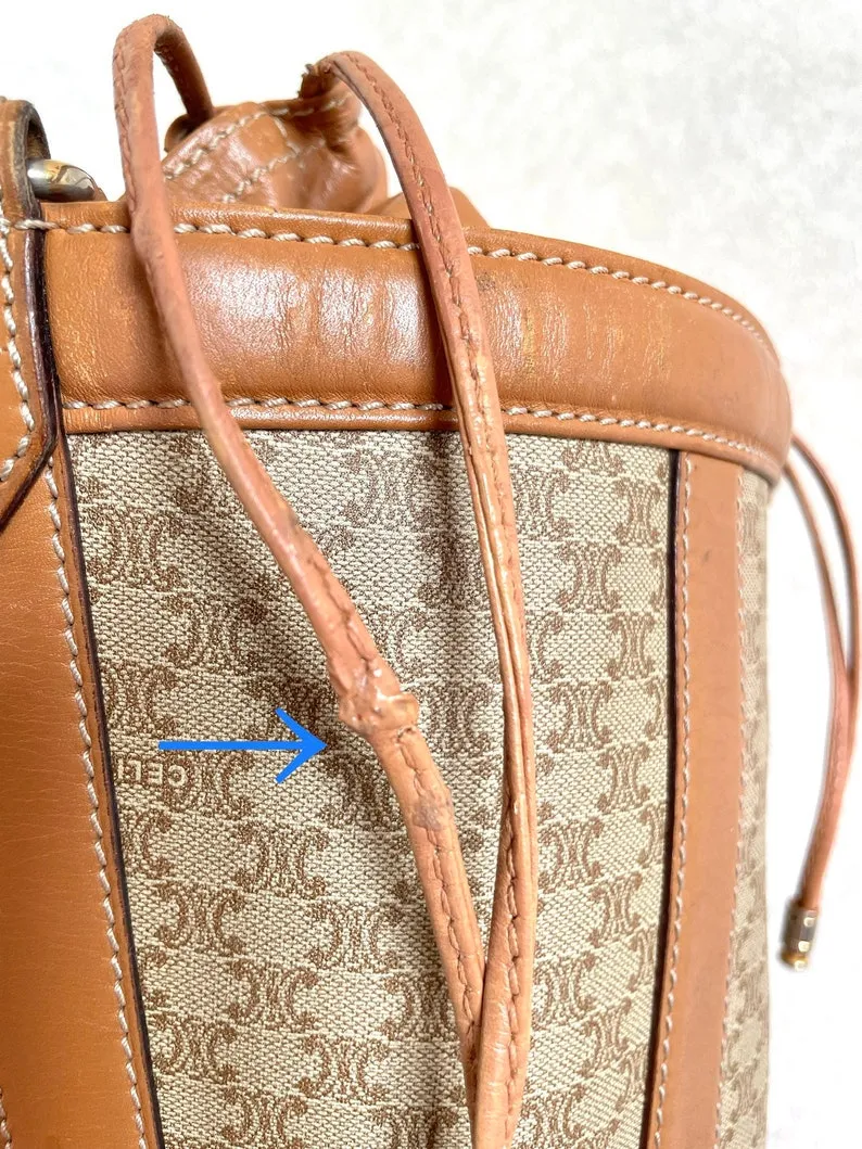 Celine Vintage round box shape hobo bucket shoulder purse in classic brown macadam blaison pattern with leather strap
