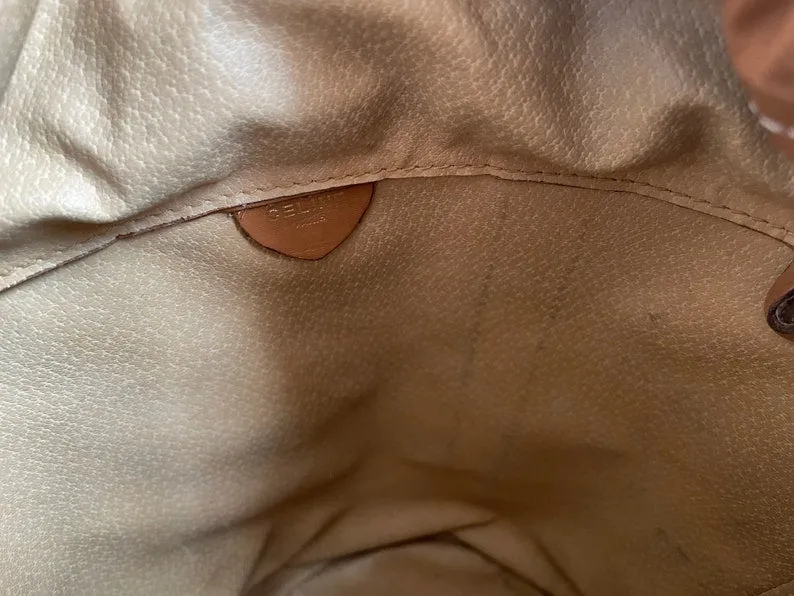 Celine Vintage round box shape hobo bucket shoulder purse in classic brown macadam blaison pattern with leather strap