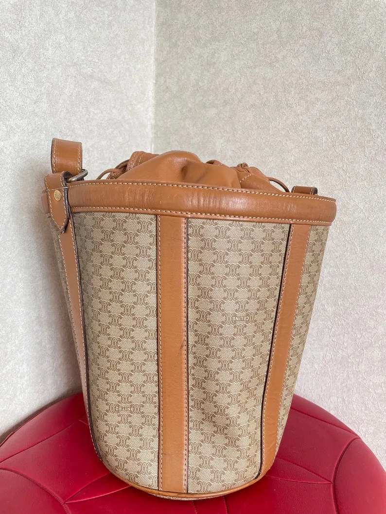 Celine Vintage round box shape hobo bucket shoulder purse in classic brown macadam blaison pattern with leather strap