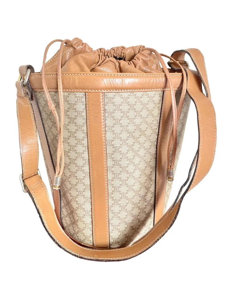 Celine Vintage round box shape hobo bucket shoulder purse in classic brown macadam blaison pattern with leather strap