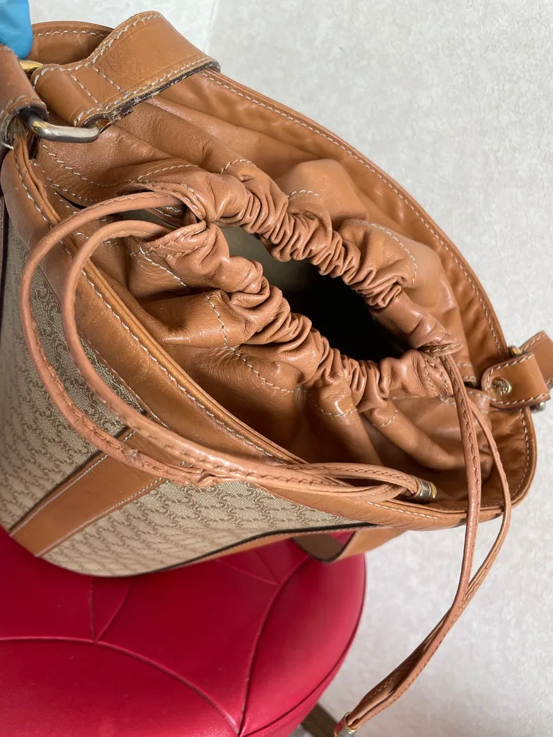 Celine Vintage round box shape hobo bucket shoulder purse in classic brown macadam blaison pattern with leather strap