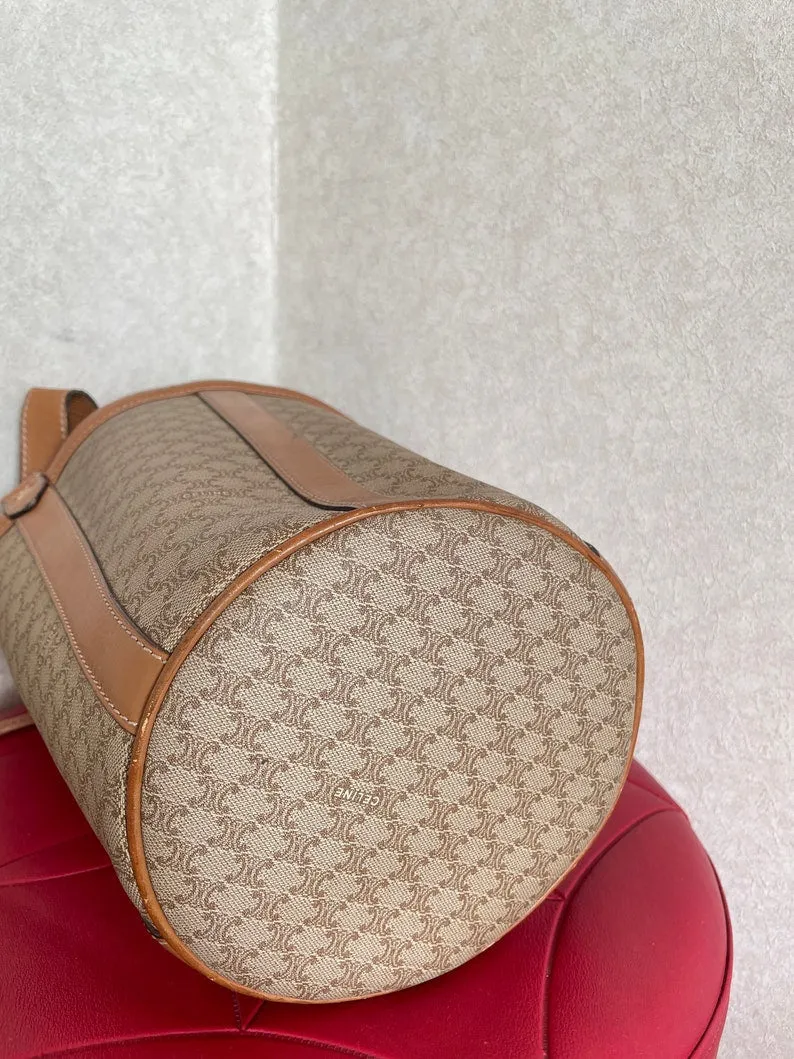 Celine Vintage round box shape hobo bucket shoulder purse in classic brown macadam blaison pattern with leather strap