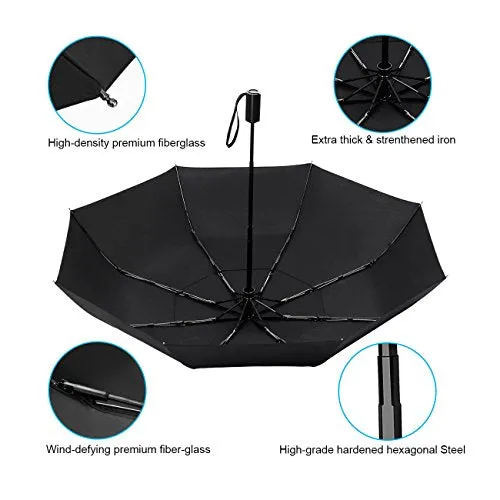 Compact Travel Umbrella, SHINE HAI Vented Windproof Double Canopy Folding Umbrella, Auto Open & Close for One-Handed Operation, Sturdy, Portable, Lightweight, Easy Carrying for Men and Ladies(Black)