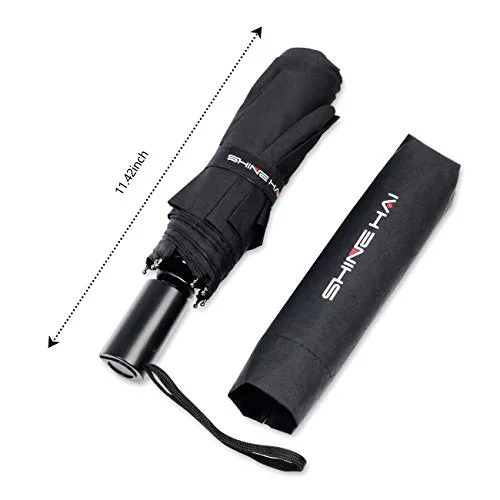 Compact Travel Umbrella, SHINE HAI Vented Windproof Double Canopy Folding Umbrella, Auto Open & Close for One-Handed Operation, Sturdy, Portable, Lightweight, Easy Carrying for Men and Ladies(Black)
