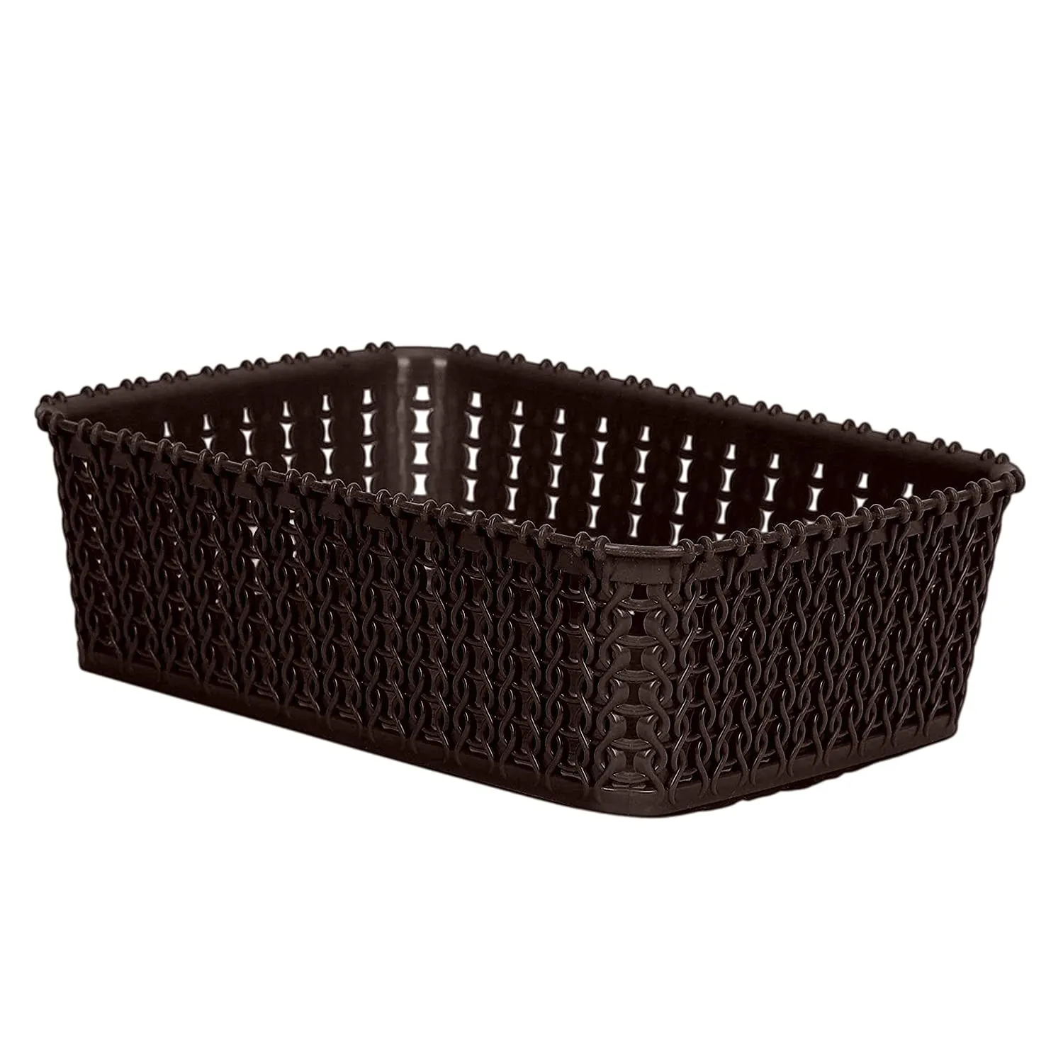 Heart Home Multiuses Small M 15 Plastic Tray Without Lid|Solid Color & Wovan Design|Document Organizer|Size 20 x 14 x 6 CM|Pack of 2 (Brown)-46KHH0111
