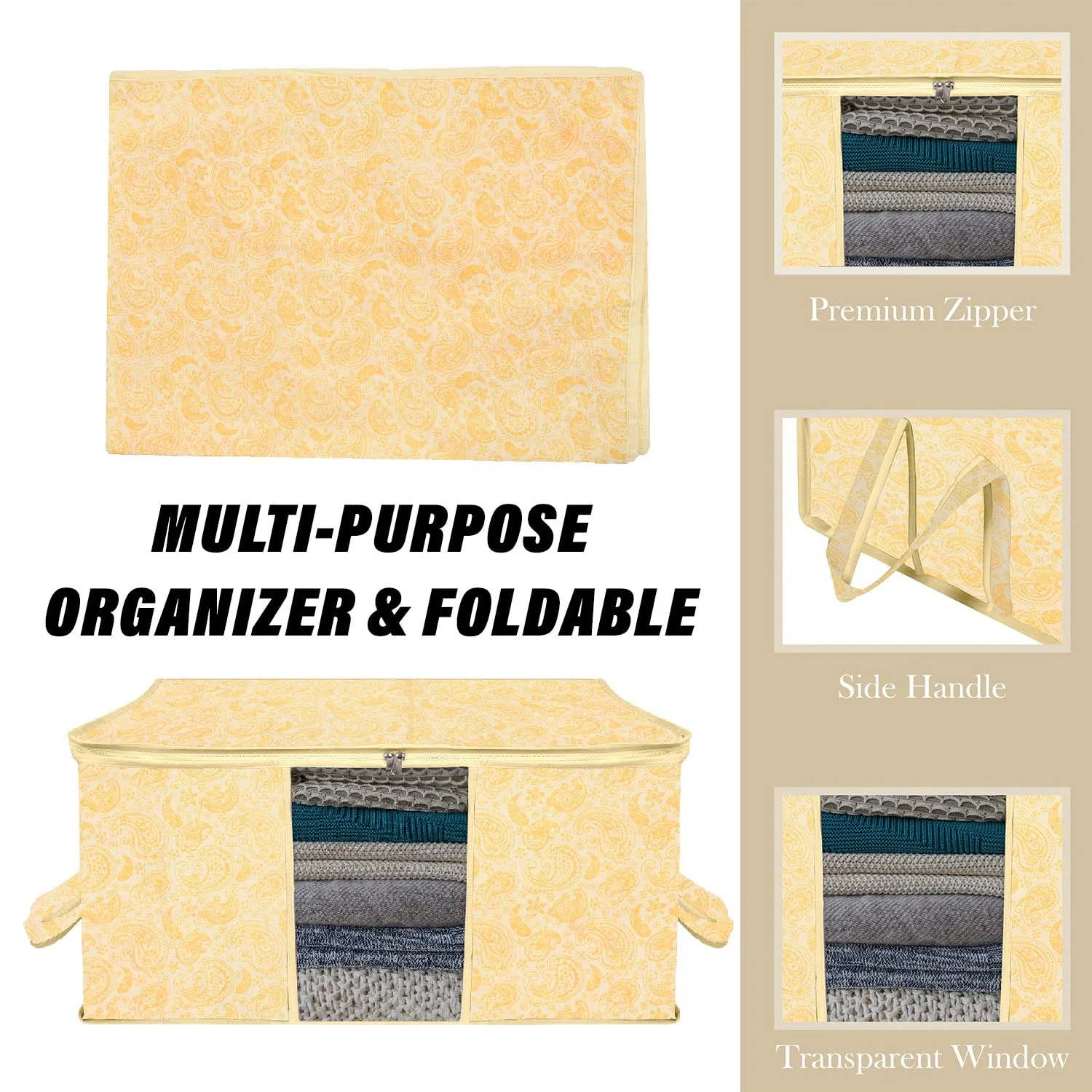 Kuber Industries Underbed Storage Bag | Clothes Storage Organizer | Blanket Cover with Clear Window | Zipper Closure & Handle Cloth Organizer | Carry-Design | Large | Pack of 6 | Yellow