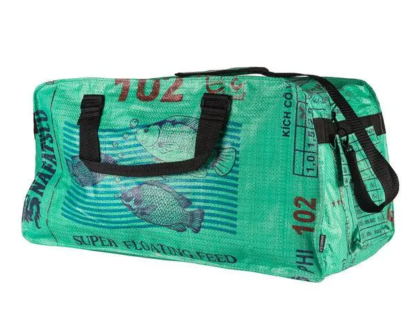 Medium Upcycled Duffel Bag, repurposed Feed Bag, Saves Landfill Space!