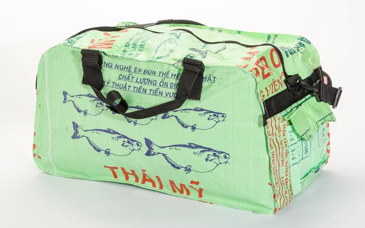 Medium Upcycled Duffel Bag, repurposed Feed Bag, Saves Landfill Space!