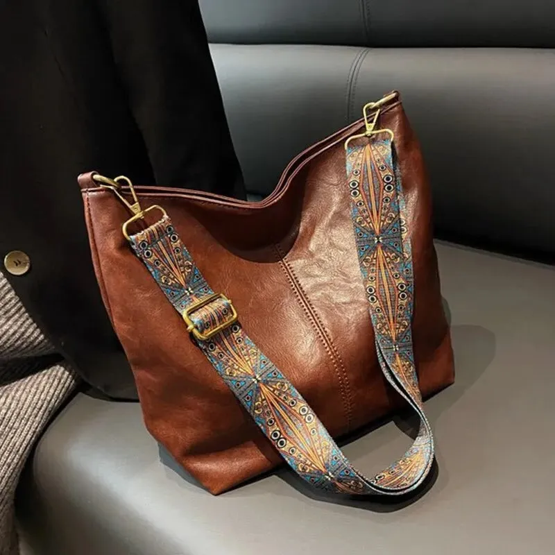 Retro Geometric Wide Strap Hobo-Style Crossbody Shoulder Bag