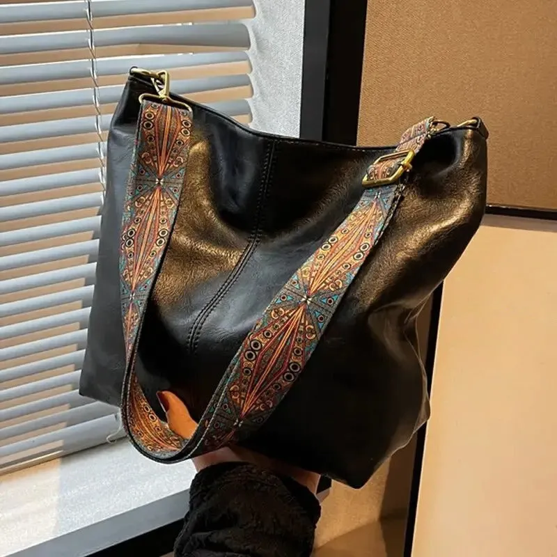 Retro Geometric Wide Strap Hobo-Style Crossbody Shoulder Bag