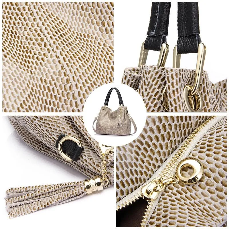 Snake Style Print Hobo Leather Bucket Bag