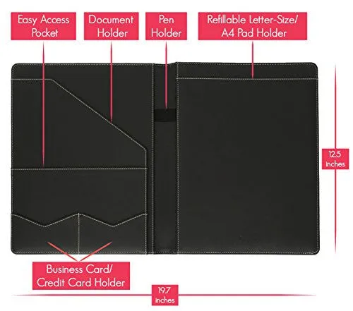 STYLIO Padfolio/ Resume Portfolio Folder - Interview/ Legal Document Organizer & Business Card Holder - With Letter-Sized Writing Pad - Handsome Piano Noir Faux Leather Matte Finish & Accent Stitching