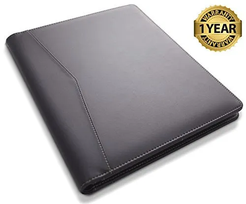 STYLIO Padfolio/ Resume Portfolio Folder - Interview/ Legal Document Organizer & Business Card Holder - With Letter-Sized Writing Pad - Handsome Piano Noir Faux Leather Matte Finish & Accent Stitching
