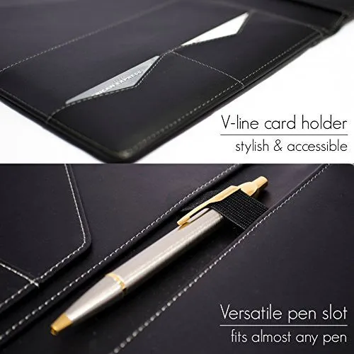 STYLIO Padfolio/ Resume Portfolio Folder - Interview/ Legal Document Organizer & Business Card Holder - With Letter-Sized Writing Pad - Handsome Piano Noir Faux Leather Matte Finish & Accent Stitching