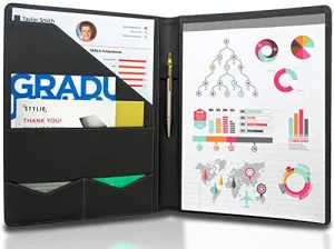 STYLIO Padfolio/ Resume Portfolio Folder - Interview/ Legal Document Organizer & Business Card Holder - With Letter-Sized Writing Pad - Handsome Piano Noir Faux Leather Matte Finish & Accent Stitching